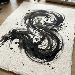 Black ink swirl abstract painting on textured white paper
